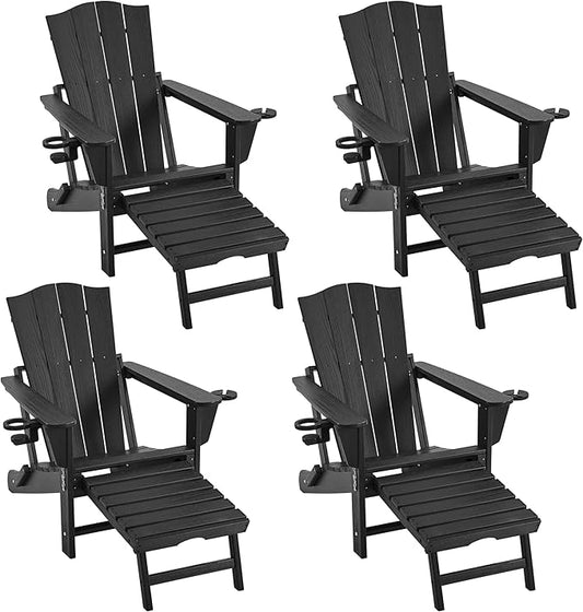 Yaheetech Adirondack Chair with Retractable Ottoman, All Weather Patio Folding Fire Pit Chair with Cup Holder and Phone Holder for Outdoor Poolside, Black, 4 pcs