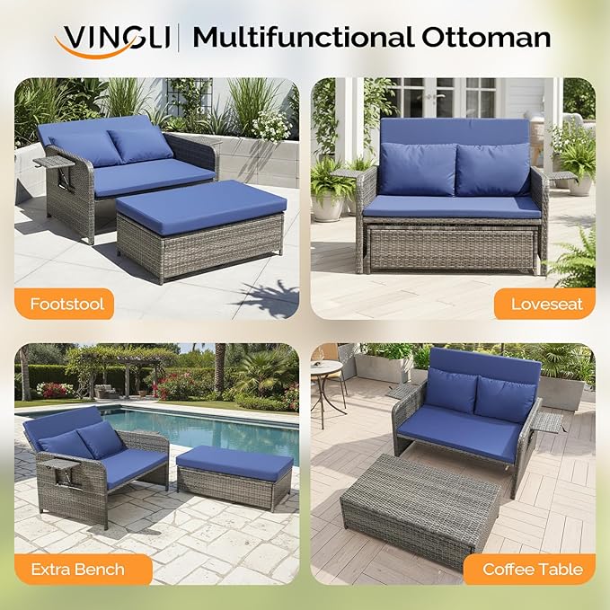 VINGLI Patio Daybed, Wicker Outdoor Daybed with Storage Ottoman & 5-Level Adjustable Backrest - Photo 8