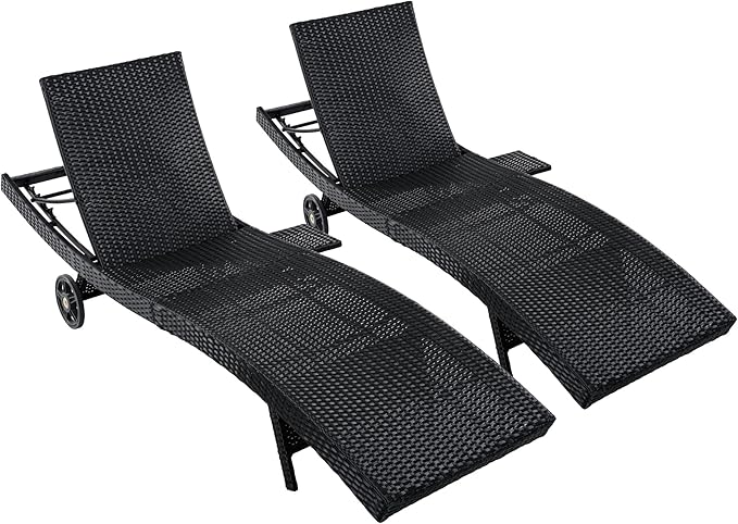 LUMISOL Patio Wicker Chaise Lounge Chairs Set of 2, 80'' Outdoor Rattan Reclining Lounge Chair with Rolling Wheels & Pull-Out Side Table, Adjustable Backrest, for Poolside Deck Pool, Black