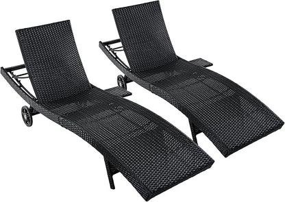 LUMISOL Patio Wicker Chaise Lounge Chairs Set of 2, 80'' Outdoor Rattan Reclining Lounge Chair with Rolling Wheels & Pull-Out Side Table, Adjustable Backrest, for Poolside Deck Pool, Black
