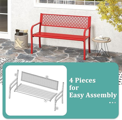 Tangkula 50 Inches Outdoor Garden Bench, Metal Patio Park Bench with Geometric Lattice Backrest, Armrests and Slatted Seat, Outdoor Loveseat Chair for Porch, Lawn and Yard (Red)