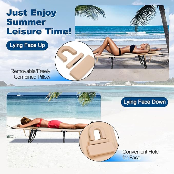 Goplus Tanning Chair, Folding Beach Lounge Chair with Face Hole, Removable Pillow, Carry Strap, Position Adjustable, Sunbathing Chair, Portable Outside Lounge Chair for Patio Pool