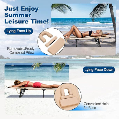 Goplus Tanning Chair, Folding Beach Lounge Chair with Face Hole, Removable Pillow, Carry Strap, Position Adjustable, Sunbathing Chair, Portable Outside Lounge Chair for Patio Pool