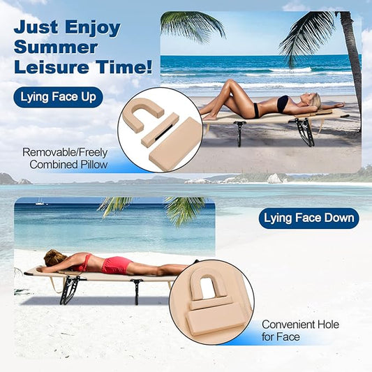 Goplus Tanning Chair, Folding Beach Lounge Chair with Face Hole, Removable Pillow, Carry Strap, Position Adjustable, Sunbathing Chair, Portable Outside Lounge Chair for Patio Pool