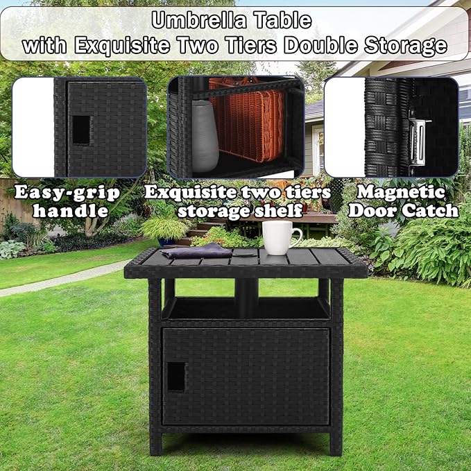 Outdoor Patio Umbrella Side Table with Umbrella Hole Small Wicker Coffee Table with Storage & 2 Weight Bags for Outside - Photo 6