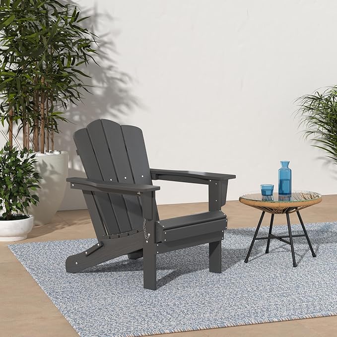 KINGYES Folding Adirondack Chair, HDPE All-Weather Patio Chairs, Wooden Textured Lawn Chair for Poolside, Backyard, Deck, Fire Pit, Grey