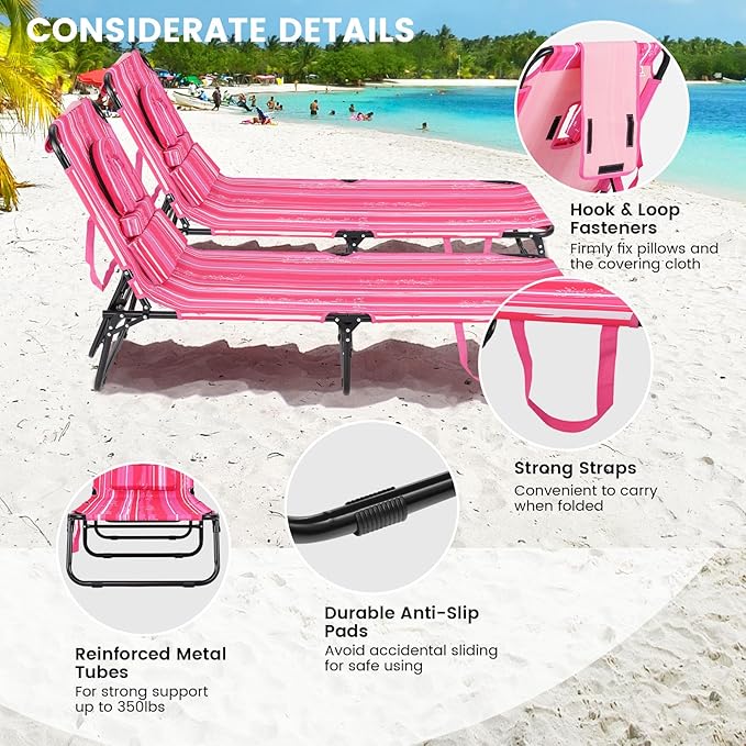 COSTWAY Tanning Chair with Face Hole, Pillows & Adjustable Backrest, Portable with Carrying Bag, Folding Beach Chaise Lounge for Sunbathing, Seaside (1, Pink & White)