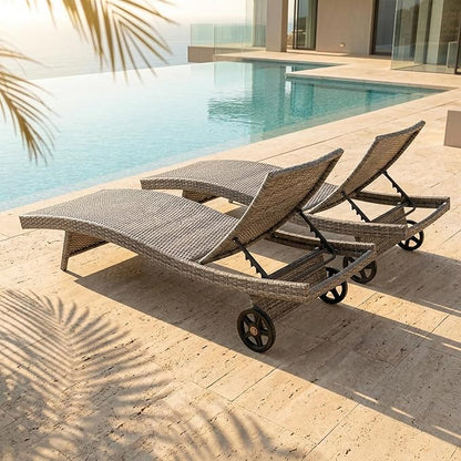 OVENTA Outdoor Wicker Patio Chaise Lounge Chair with Wheels Set of 2, Gray Rattan Pool Furniture Lounger for Outside Poolside Lounges, Jumbo Co Chaise Lounge Chairs, Wicker Patio Pool Furniture