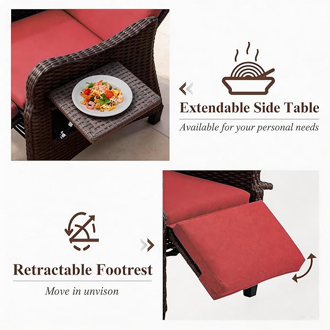 HOMREST Outdoor Recliner Chair with Flip-up Table, Wicker Reclining Chair with 150°Adjustable Backrest, Rattan Armchair with Integrated Footstool & Removable Cushion for Gardens, Burgundy