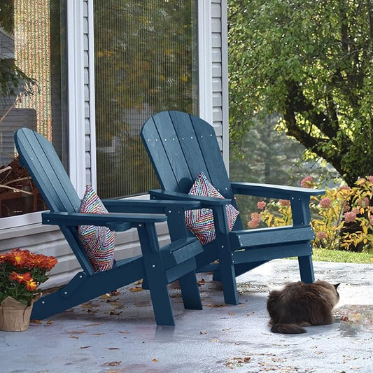 YEFU Adirondack Chair, Foldable Oversized Plastic Adirondack Chair Set of 4 with Cup Holder, Patio Chair with Weather Resistant for Outside Deck Lawn, Weight Capacity Up to 400 Lbs –Navy