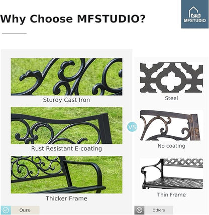 MFSTUDIO 50 Inches Outdoor Garden Bench, Cast Iron Metal Frame Patio Park Bench with Floral Pattern Backrest, Arch Legs for Porch Lawn Garden Yard(Black)