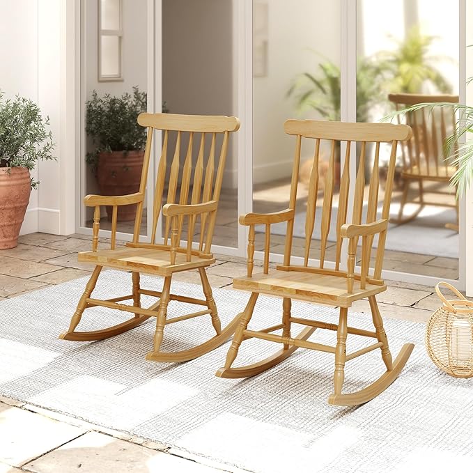 Giantex Outdoor Wood Rocking Chairs Set of 2, Patio Rocking Chair w/Rubber Wood Frame, Slat Back, Outside & Indoor Rocker for Garden, Poolside, Balcony, Backyard, Lawn, Front Porch Rocker, Natural