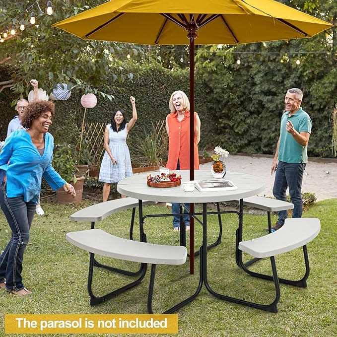 Round Picnic Table for Outdoors, 8 Person Outdoor Picnic Tables & Benches Set with Umbrella Hole - Photo 2