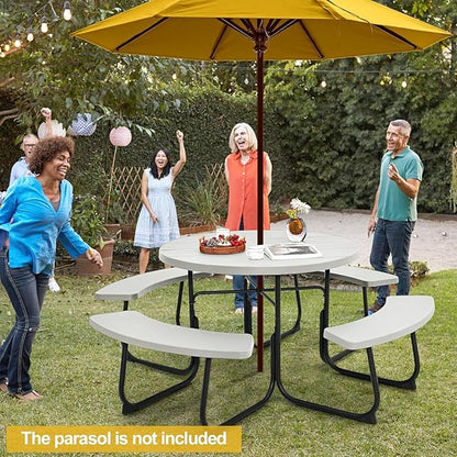 Round Picnic Table for Outdoors, 8 Person Outdoor Picnic Tables & Benches Set with Umbrella Hole, HDPE Tabletop & Metal Frame, 2000 LBS Capacity Table Bench Set for BBQ, Garden, Lawn, Patio