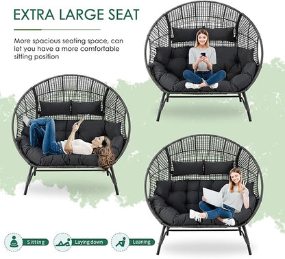 NICESOUL® Double Egg Chair Indoor Outdoor Stationary Oversized 6.5" Thick Padded Cushions,2 Person Wicker Egg Loveseat Chair, Extra Wide Lounge Chair for Patio Balcony Porch Gray with Cover