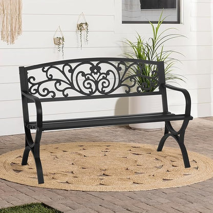Outdoor Metal Garden Bench Patio Benches with Mesh Pattern Backrest Armrests for Patio Park Lawn Yard,Black