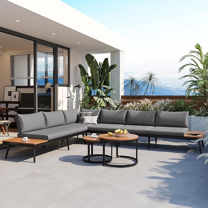 Modern Outdoor Sectional Sofa Set with Round Nesting Coffee Tables and Cushions, 6-Piece Patio Furniture Set for Porch - Photo 2