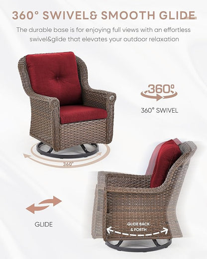 Outdoor Patio Swivel Gliders with Fire Pit Table 5 Piece Set - High Back Brown Wicker Rattan Rocking Chair with Thick Cushion for Porch Apartment Deck Yard Poolside Garden - Red