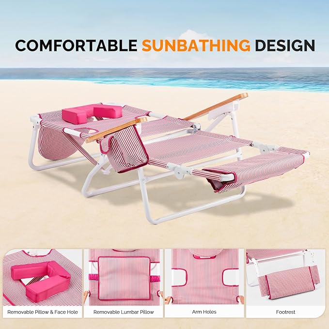 Bonnlo Deluxe 3-in-1 Beach Chair, Tanning Chair with Face Hole, Sunbathing Lounge Chair Outdoor, Adjustable Footrest - Photo 4
