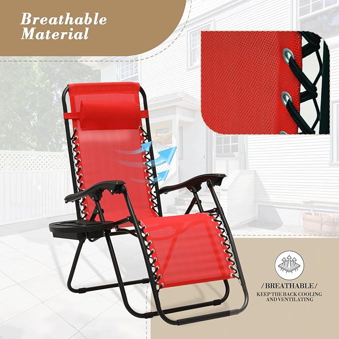 Athena Collection Zero Gravity Outdoor Lounge Chairs Set of 2, 25" Width Pool Lounge Lawn Chairs Reclining with Cup Holder, Outdoor Chaise for Beach Patio Backyard Outside, Red