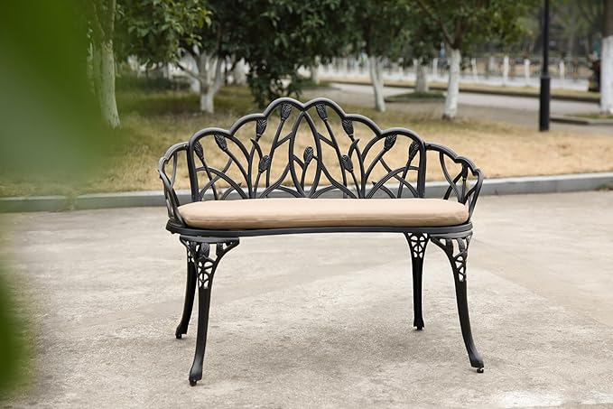 Tulip Patio Garden Bench Metal Park Bench Cast Aluminum Outdoor Furniture with Floral Rose for Patio,Park,Lawn,Yard Black Withe Cushion