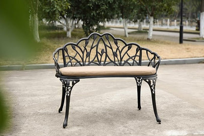 Tulip Patio Garden Bench Metal Park Bench Cast Aluminum Outdoor Furniture with Floral Rose for Patio,Park,Lawn,Yard Black Withe Cushion