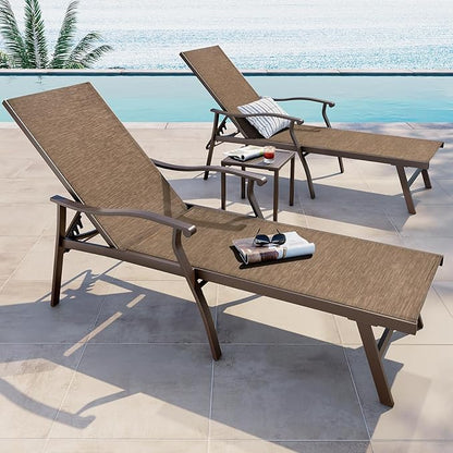 Crestlive Products Aluminum Chaise Lounge Set of 3,Patio Lounge Chairs Five-Position and Full Flat Outdoor Recliner All Weather for Patio, Beach, Yard, Pool (3PCS Brown)