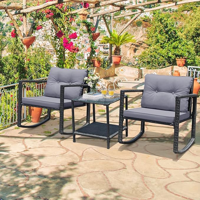 HAPPYGRILL 3 Pieces Rocking Bistro Set Outdoor Patio Conversation Set with Rocking Chairs and Coffee Table - Photo 3