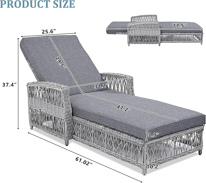 Set of 2 Adjustable Wicker Chaise Lounge with Armrests - Photo 2