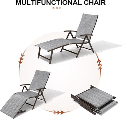 Crestlive Products 2PCS Chaise Lounge Chair Outdoor with 1PC Side Table, Aluminum Folding Patio Recliner Chair, Adjustable 8 Positions Assemble-Free