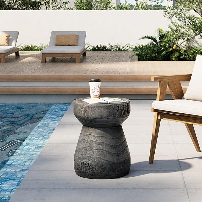 HOMPUS Outdoor Side Table with Checkerboard Grain Tabletop, Concrete Patio Table Mushroom Shaped, MgO Lightweight Round End Table Modern Vintage Round Coffee Table for Indoor Outdoor Use, Grey