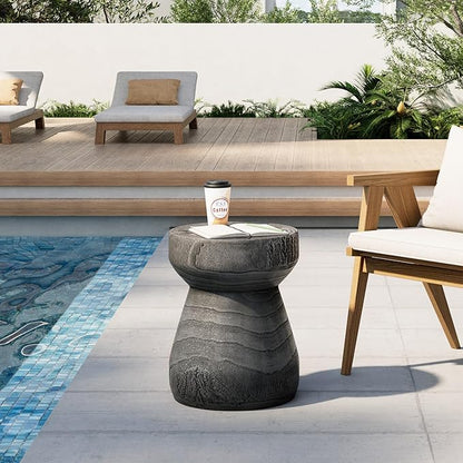 HOMPUS Outdoor Side Table with Checkerboard Grain Tabletop, Concrete Patio Table Mushroom Shaped, MgO Lightweight Round End Table Modern Vintage Round Coffee Table for Indoor Outdoor Use, Grey