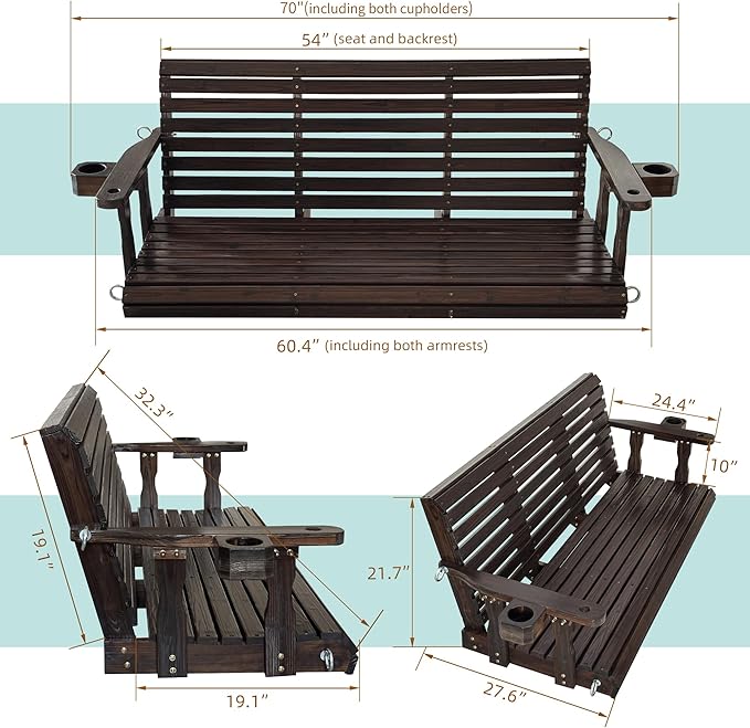 Fortune Candy Wooden Porch Swing 3-Seater, High Backrest and Deep Seat, Bench Swing with Cupholders - Photo 6