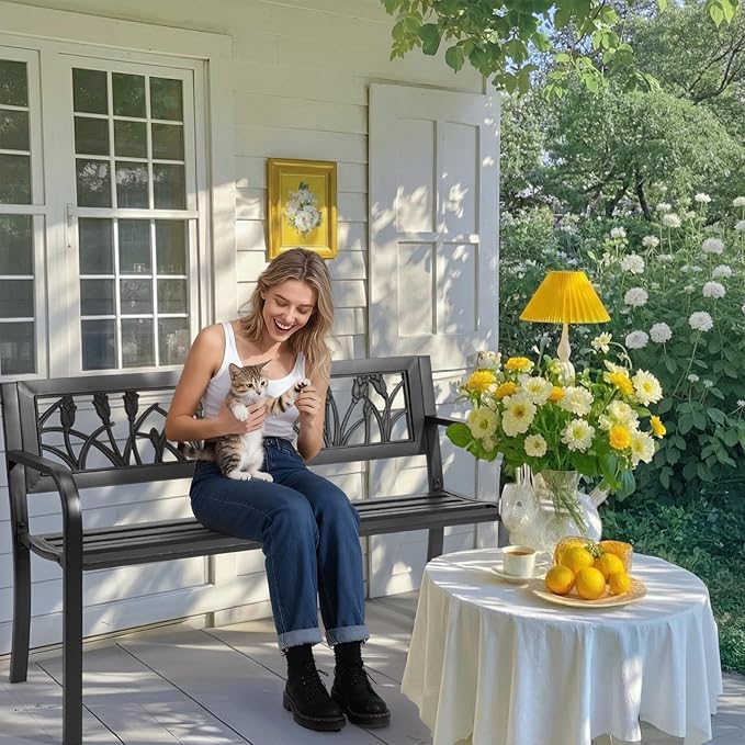 Outdoor Patio Bench 49 Inch, Black Cast Iron Garden Bench with Tulip Backrest, PVC Slat Porch Bench for Yard, Lawn, Deck, Entryway