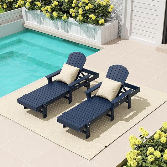 WestinTrends Dylan HDPE Outdoor Patio Poly Adirondack Reclining Chaise Lounge with Arms (Set of 2), Navy Blue
