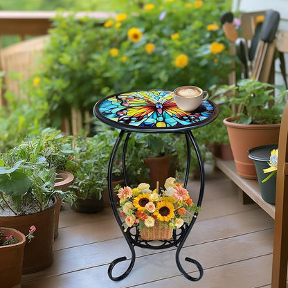 LIFFY Outdoor Side Table, 14" Round Mosaic Patio Table with Glass Butterfly Tabletop, 21" Height 2-Tier Indoor Small Decorative Plant Stand & End Table with Metal Frame for Home, Garden, Yard