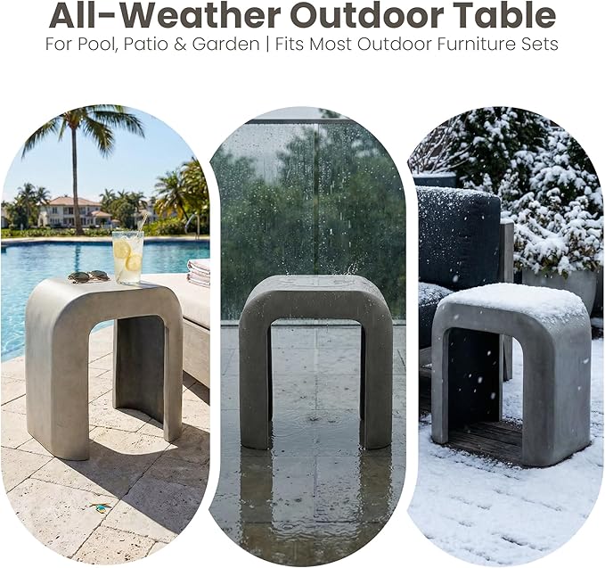 COSIEST Grey Outdoor Side Table, 17.7" Modern Concrete End Table with Arched Open for Patio - Photo 7