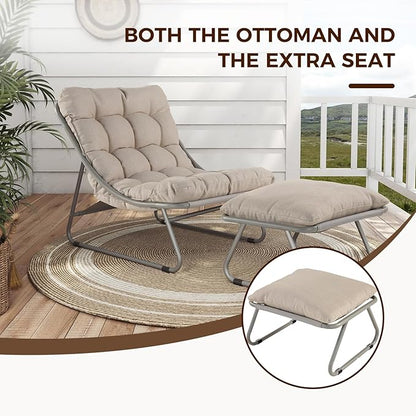 Grand patio Outdoor Lounge Chair with Foot Stool, Comfy Sling Recliner Chair with Puffy Cushion and Foot Rest, Modern Patio Furniture Set for Porch Deck Garden, Champagne Gray