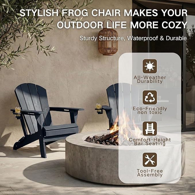Kingdura Folding Adirondack Chairs Set of 4, Portable HDPE Outdoor Patio Chair with Wooden Textured & Cup Holder, Weather Resistant, 380LBS Capacity for Pool, Backyard, Balcony, Fire Pit (Navy Blue)