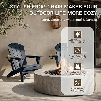 Kingdura Folding Adirondack Chairs Set of 2, Portable HDPE All Weather Resistant Outdoor Patio Chair, Wooden Textured with Cup Holder, 380LBS Capacity for Poolside, Backyard, Fire Pit (Navy Blue)