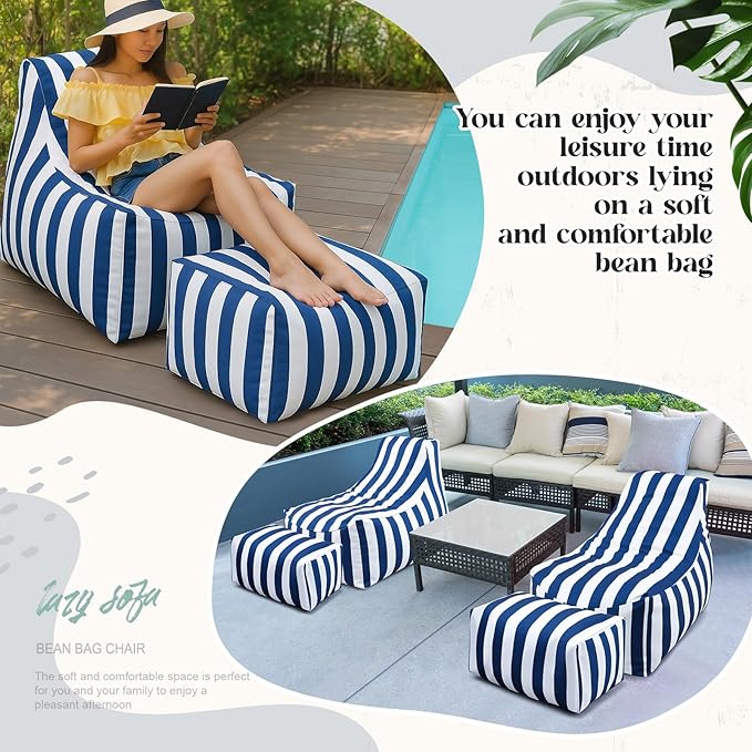 Outdoor Bean Bag Chair with Ottoman, Large Patio Lounge Chair for Adults, Thick Filled Lounger for Pool, Deck - Photo 5