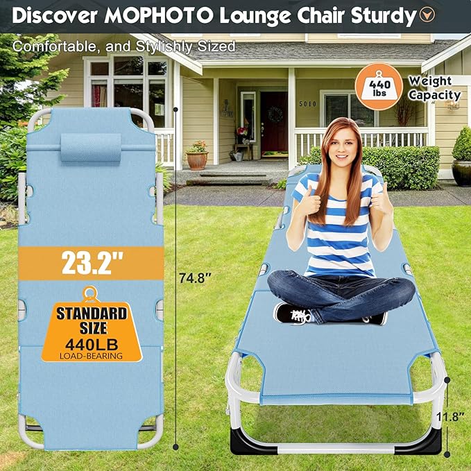 MOPHOTO Beach Lounge Chair, 5-Position Adjustable Tanning Chair with Face Hole, Heavy Duty Folding Chaise Lounge for Beach, Pool, Patio & Sunbathing