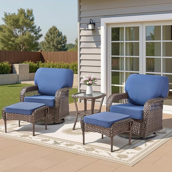 5 Pieces Patio Furniture Set, All Weather Wicker Swivel Rocker Patio Chairs with Ottomans Rattan Side Table - Photo 1