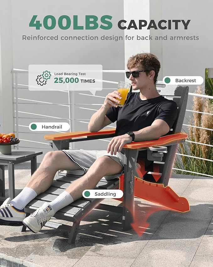 Folding Adirondack Chairs Set of 2,Adirondack Chair with Retractable Ottoman,Plastic Adirondack Chairs with 2 Cup Holder,Weather Resistant Patio Chair,Outdoor Chairs Set of 2(Grey)