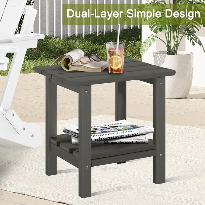 Adirondack Outdoor Side Table, 2-Tier Small Patio End Table, Weather Resistant HDPE Outdoor End Tables for Garden, Lawn, Pool, Beach, Porch, Deck, Backyard - Square, Dark Gray