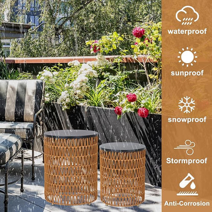 HMVPL Outdoor Side End Table with Dimmable Light Remote Control,2-Pack Small Round Patio Table with Timing Light,Outside Plastic Rattan Accent Bistro Desk for Poolside Backyard Balcony Gazebo Indoor