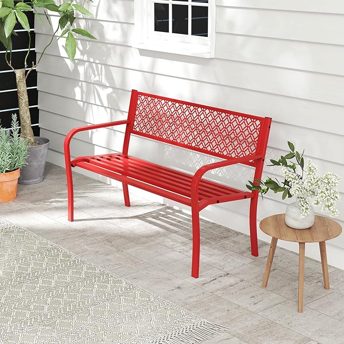 Tangkula 50 Inches Outdoor Garden Bench, Metal Patio Park Bench with Geometric Lattice Backrest, Armrests and Slatted Seat, Outdoor Loveseat Chair for Porch, Lawn and Yard (Red)