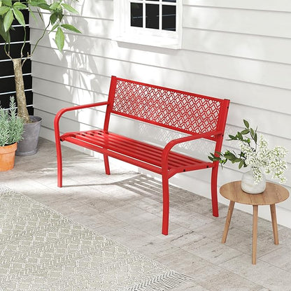 Tangkula 50 Inches Outdoor Garden Bench, Metal Patio Park Bench with Geometric Lattice Backrest, Armrests and Slatted Seat, Outdoor Loveseat Chair for Porch, Lawn and Yard (Red)