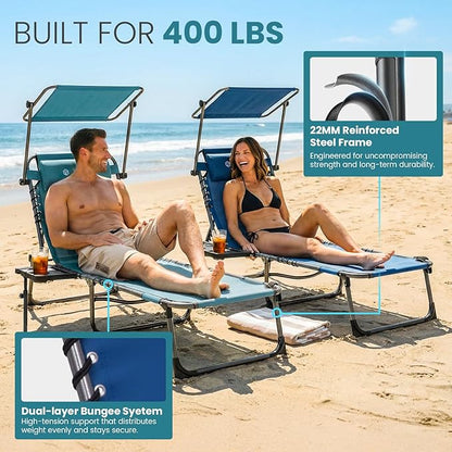 FUNDANGO Heavy Duty Tanning Chair with Face Hole & Canopy, 400lbs Beach Lounge Chair with Side Table, 5-Position Sun Lounger for Outdoor Patio Pool-Face Down Chaise with Anti-Pinch Safety Lock,Blue