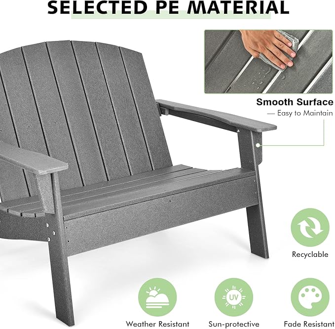 Giantex Adirondack Chair Outdoor Loveseat, High Density Polyethylene HDPE Material Adirondack Chairs Set of 2 People, Patio Adirondack Bench for Porch, Garden, Backyard Fire Pit Chair (1, Gray)